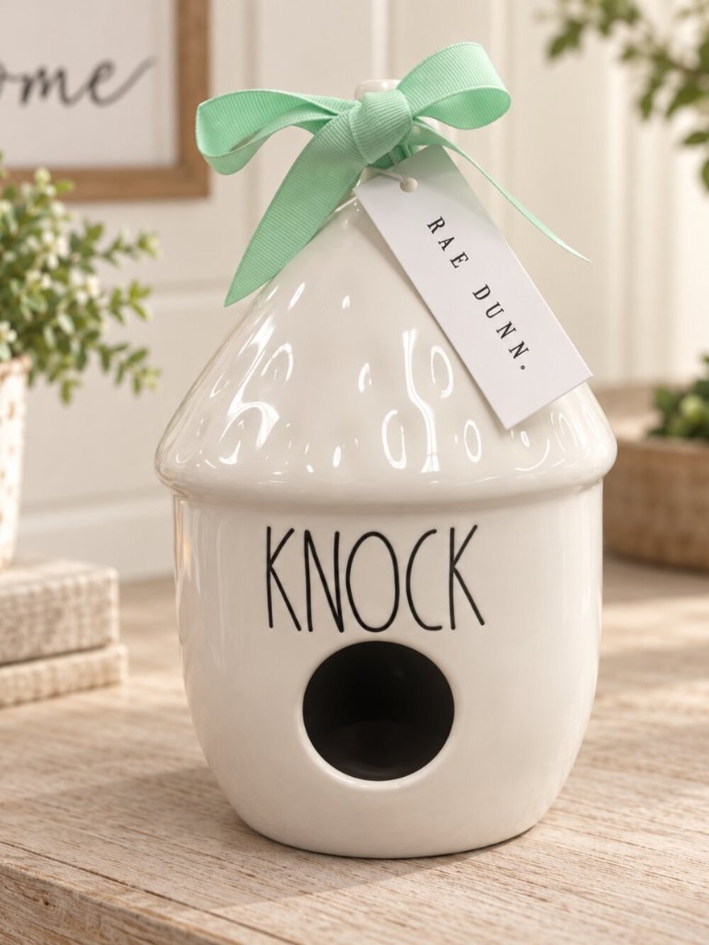 Rae Dunn KNOCK Ceramic Birdhouse Mint Bow Farmhouse Spring Decor NWT